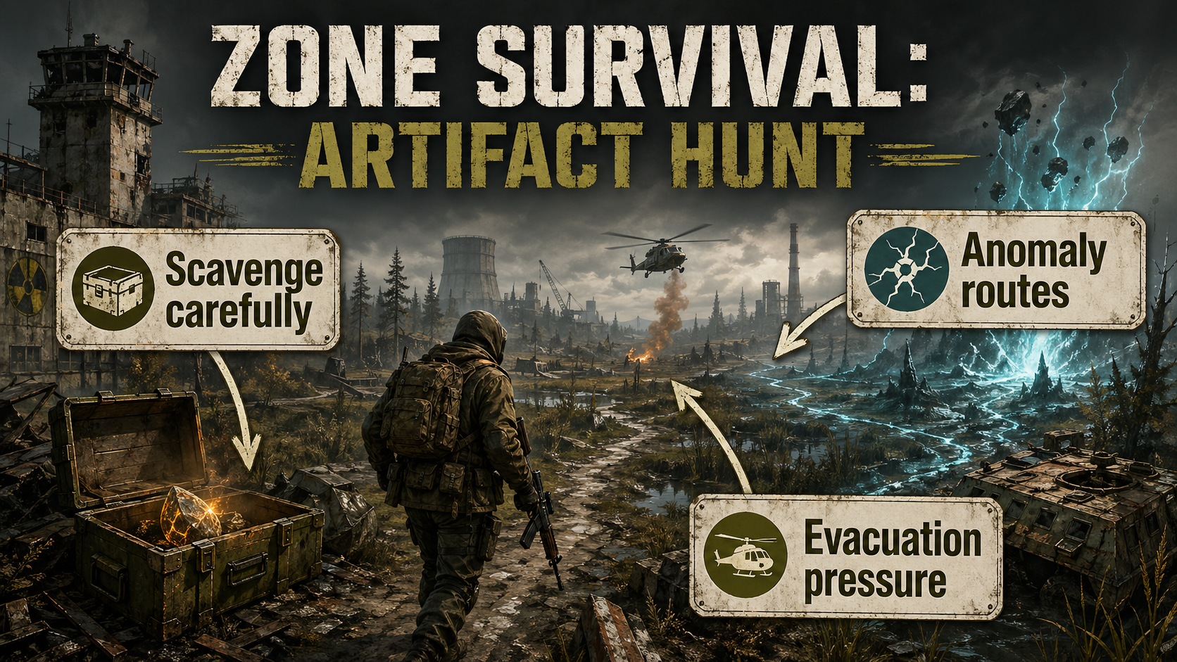 Zone Survival Artifact Hunt editorial infographic highlighting scavenging, anomaly routes, and evacuation pressure.